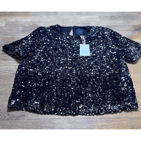 Alex Marie Sequined Blouse Stretch Short Sleeve Lined Party Top Black Womens XL - Picture 13 of 16